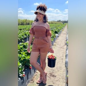 Abercrombie Off-Shoulder Puff Sleeve Romper in Rust Linen Blend